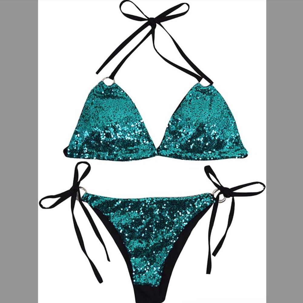 Green Blue Aqua marine Sequin String Bikini 2 Piece